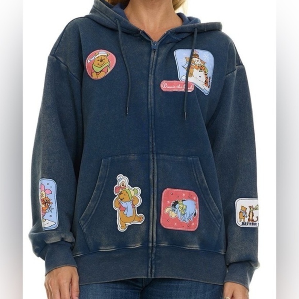 Disney Winnie The Pooh Women’s Large Zip Hoodie Blue Wash Distressed NEW NWT
